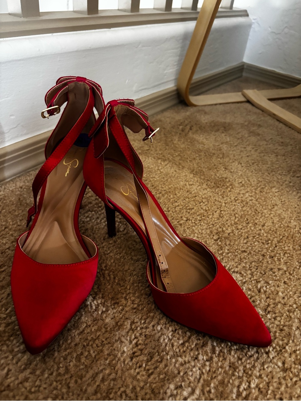 Jessica Simpson Red Pointed-Toe Ankle-Strap Heels